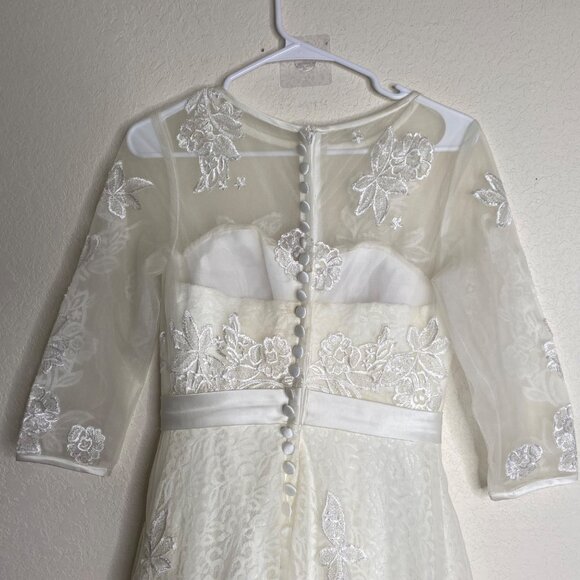 Elegant Lace Wedding Dress Size S ? Beige Sheer Embroidered 3/4 Sleeves & Illusi - Picture 6 of 16
